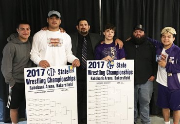 Lemoore has four wrestlers earn medals at the state championships Saturday (L to R) Angel Solis, Noah Wright, Coach Marcio Botelho, Gary Joint, Asst. Coach Armando Calderon, and Joe Romero.